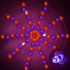 Joiedomi Spider Web Lights with 3 Lighted Spiders (Orange & Purple) - Halloween Decorations