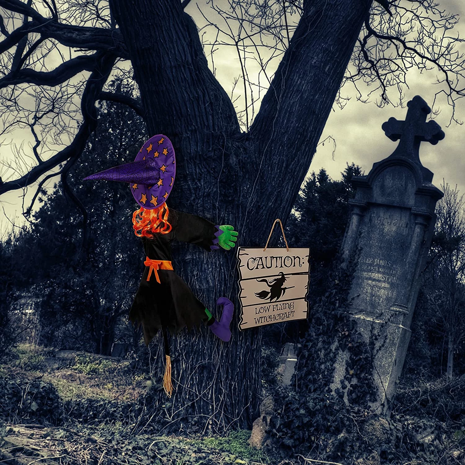 Joyin Crashing Witch Into Tree with Sign 44in - Halloween Decorations - Image 4